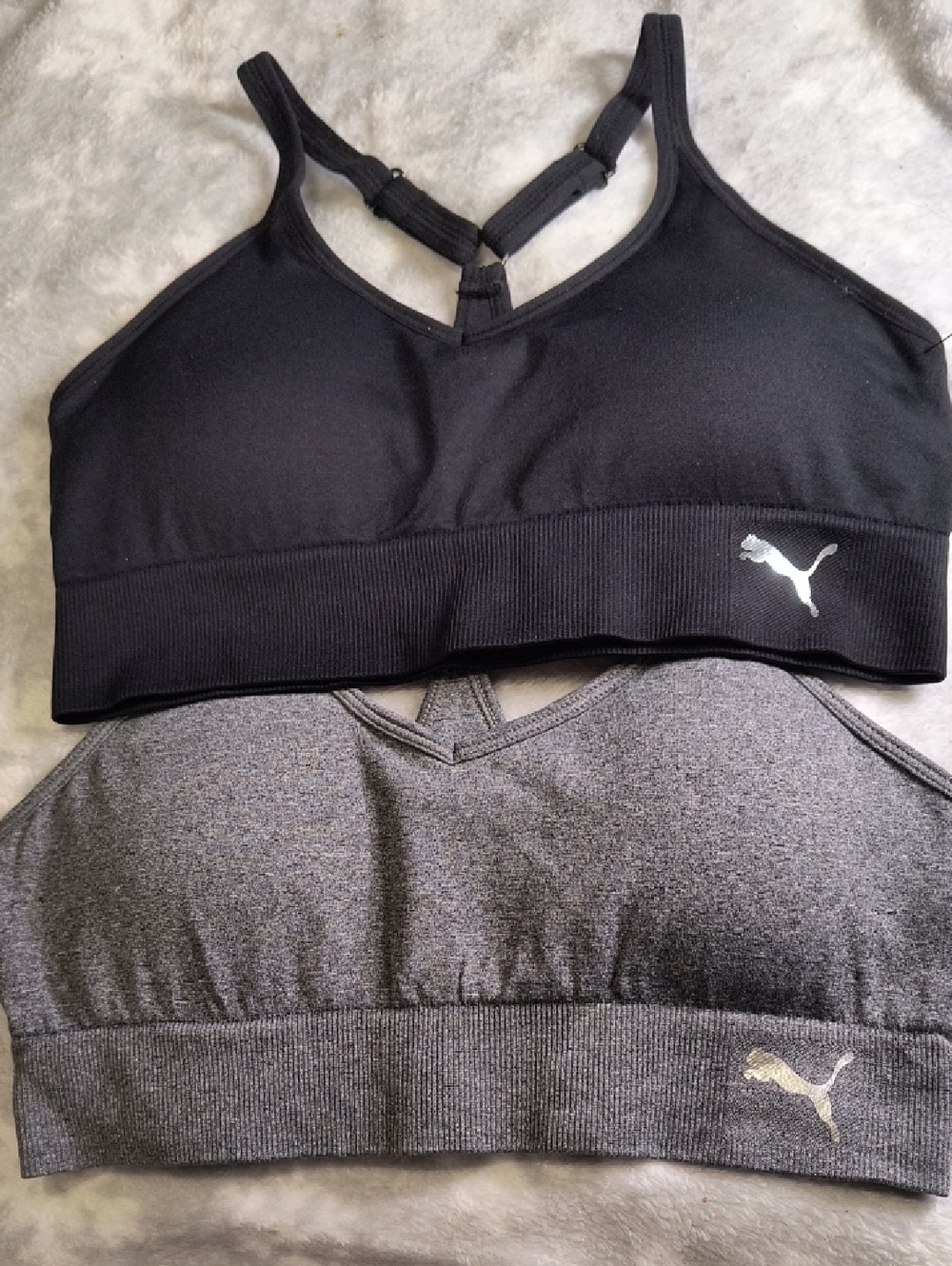 Puma Two-Pack Seamless Sports Bras in Black and Heather Gray, NWOT